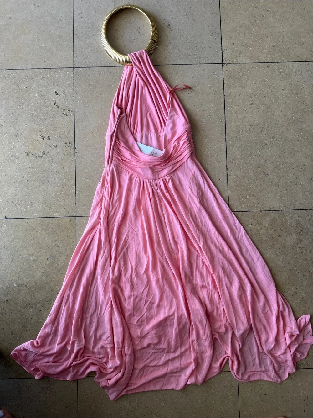 Michael Kors Collection Pink One-Shoulder Maxi Dress with Gold Ring